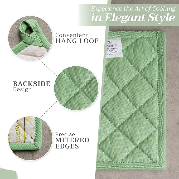 Maison d' Hermine 100% Cotton Oven Mitt & Pot Holder Set (7.5"x13" & 8"x8") Heat Resistant BBQ Cooking Gloves with Loop, Baking, Grilling, Kitchen, Handling Hot Pans Spring/Summer (Botanical Fresh)