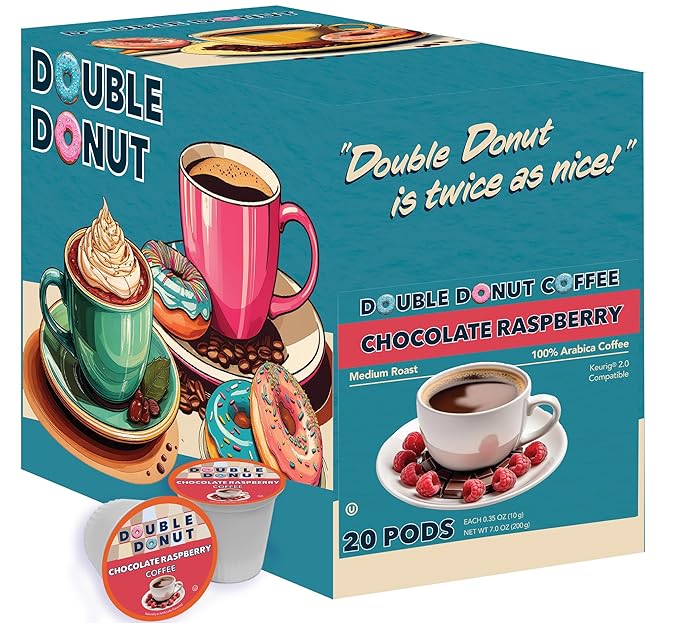 Double Donut Coffee Chocolate Raspberry Flavored Coffee Pods, Medium Roast Coffee, compatible with Keurig K Cups Brewers, 20 Count