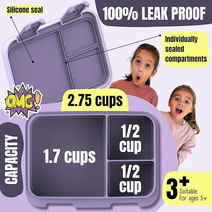 BEARFOOT Kids Lunch Box with Compartments – Compact & Lightweight | Leak-Proof, BPA-Free, Dishwasher & Microwave Safe | Hand-Drawn Design for Preschool, School, Travel (Unicorn Purple, 2.75 Cups)