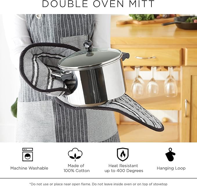 DII Double Strip Chef Kitchen Cooking & Baking Collection, Double Oven Mitt, 35x7.5, Dark Green