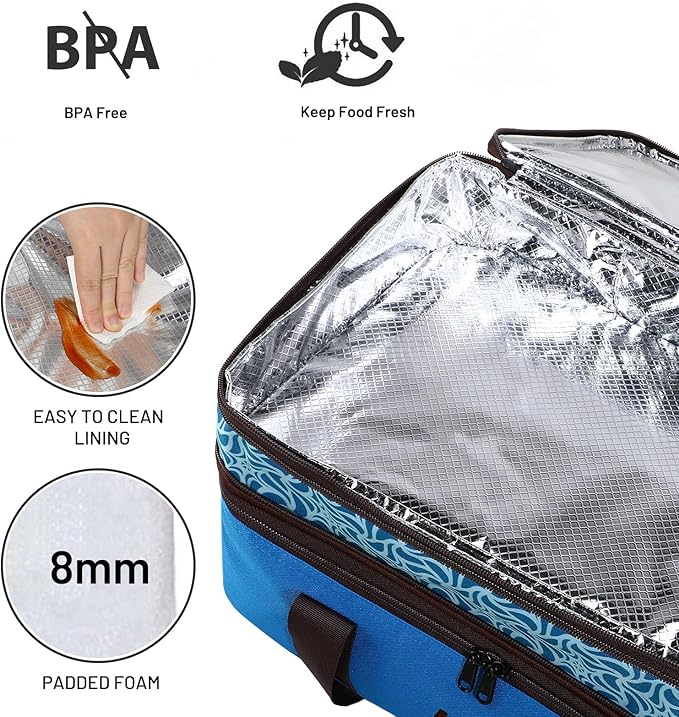 MIER Insulated Double Casserole Carrier Bag Thermal Lunch Tote for Lasagna Lugger, Potluck Parties, Picnic, Beach, Fits 9 x 13 Inches Baking Dish, Casserole Dish, Expandable by Mid Zipper, Blue