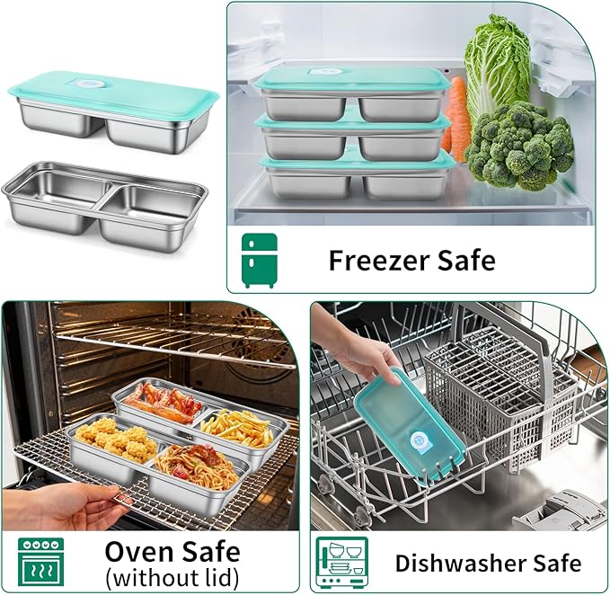 3 Pack Leakproof Stainless Steel Snack Containers with Secure Sealed Lids, Reusable 2 Compartment Bento Boxes for Lunch Prep, Travel, School & Office Stainless Steel Lunch Box