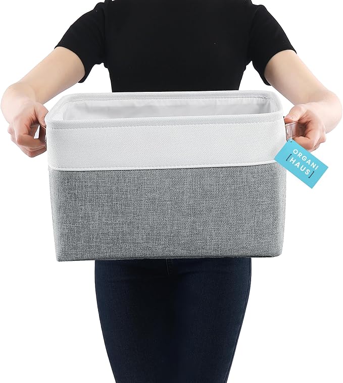 OrganiHaus Large Fabric Storage Baskets for Shelves 3 Pack, 15x11in Closet Storage Bins for Shelves, Canvas Baskets for Organizing, Linen Closet Organizers, Cloth Basket, Gray/Off-White
