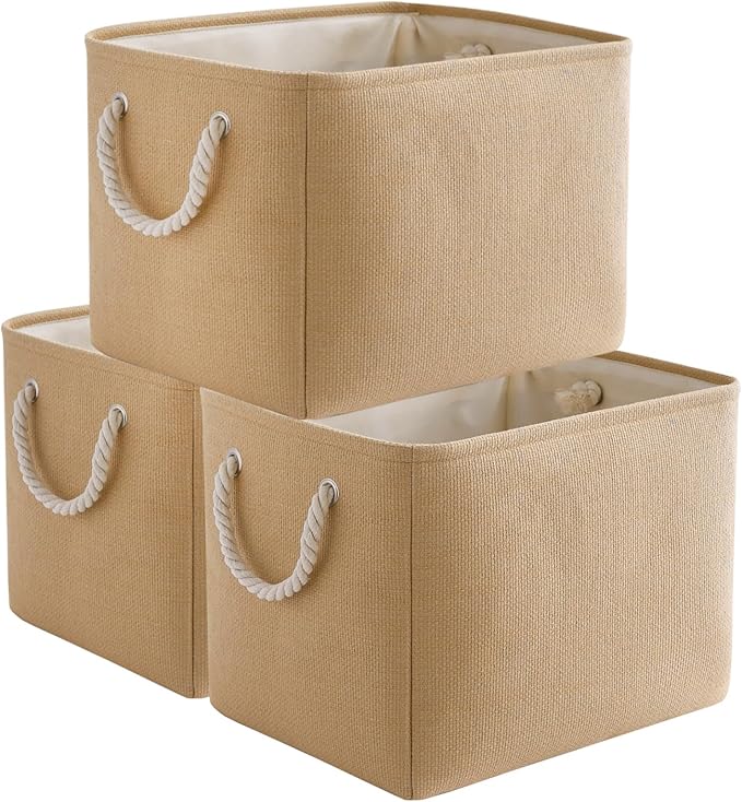 TheWarmHome Organization and Storage Basket for Organizing - 3 Pack 16x12x12 inch Cube Fabric Storage Cubes, Storage Bin for Shelves Gift Closet Organizer Cloth Toy (Beige)