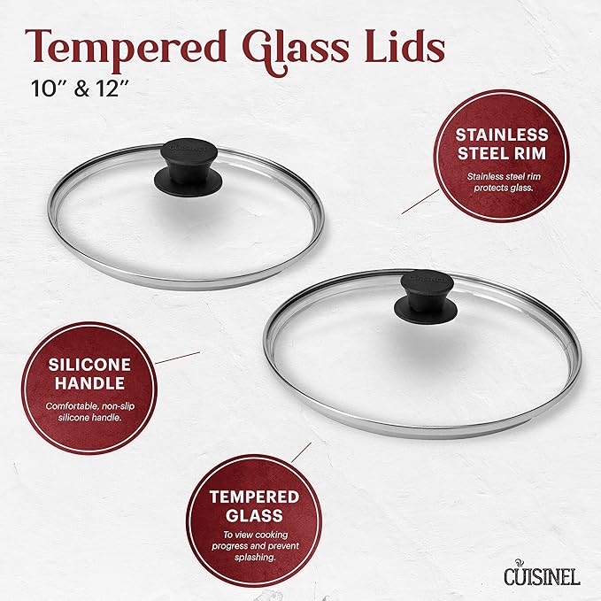 Cuisinel Cast Iron Skillet Set - 10" + 12" Frying Pan + Glass Lids + 2 Handle Cover Grips - Pre-Seasoned Oven Cookware - Indoor/Outdoor Use - Grill, Stovetop, Induction, BBQ, Camping, Fire Use