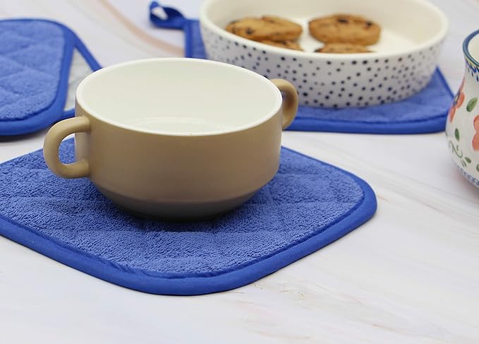 Cotton Pot Holders Cotton Made Machine Washable Heat Resistant Everyday Kitchen Basic Terry Pot Holder, Hot Pads, Trivet for Cooking and Baking Set of 4 (Dark Blue)