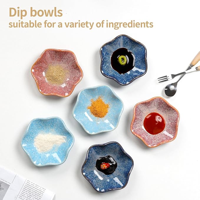 Dipping Bowls Set of 6, Ceramic Soy Sauce Dishes, 2 oz Dipping Sauce Cups, chrysanthemum Round Small Side Dish Dishes for Dipping Sushi Tomato Soy Sauce Dish