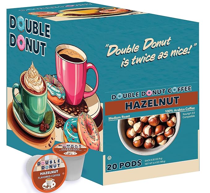 Double Donut Coffee Hazelnut Flavored Coffee pods, Medium Roast Coffee,Compatible with Keurig K Cups Brewers, 20 Count