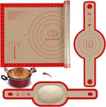 Silicone Bread Sling and Pastry Mat, 3 PCS Non-Stick & Easy Clean Reusable Silicone Bread Baking Mat with Long Handles, Easy to Transfer Sourdough Bread (Pastry Mat＆Oval and Round Bread Sling, Red)