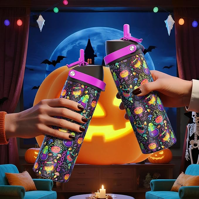 ENCOOL Halloween Insulated Water Bottle with Straw - Stainless Steel Water Bottle with Push Button Lid, Leak-Proof BPA-Free, Keeps Cold for 24 Hours for Halloween gifts, Party (32 oz, Meowgic Night)