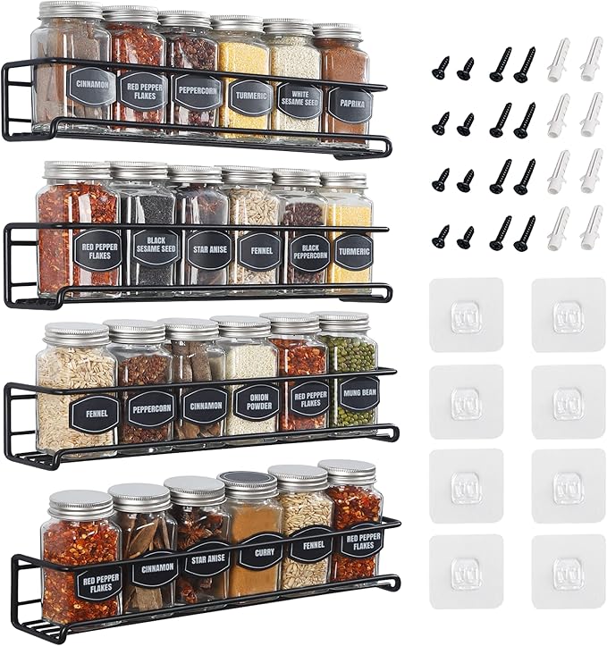 Spice Rack Wall Mounted 4 Tier – Space-Saving Kitchen Spice Organizer for Seasonings – Screw or Adhesive Hanging – Wall Mount Hanging Spice Rack for Wall, Cabinet, Pantry Door 2.5x 2.5x11.5 in