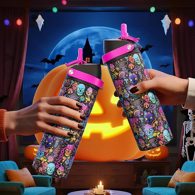Halloween Insulated Water Bottle with Straw - Stainless Steel Water Bottle with Push Button Lid, Leak-Proof BPA-Free, Keeps Cold for 24 Hours for Halloween gifts, Party (32 oz, Trippy Skulls)