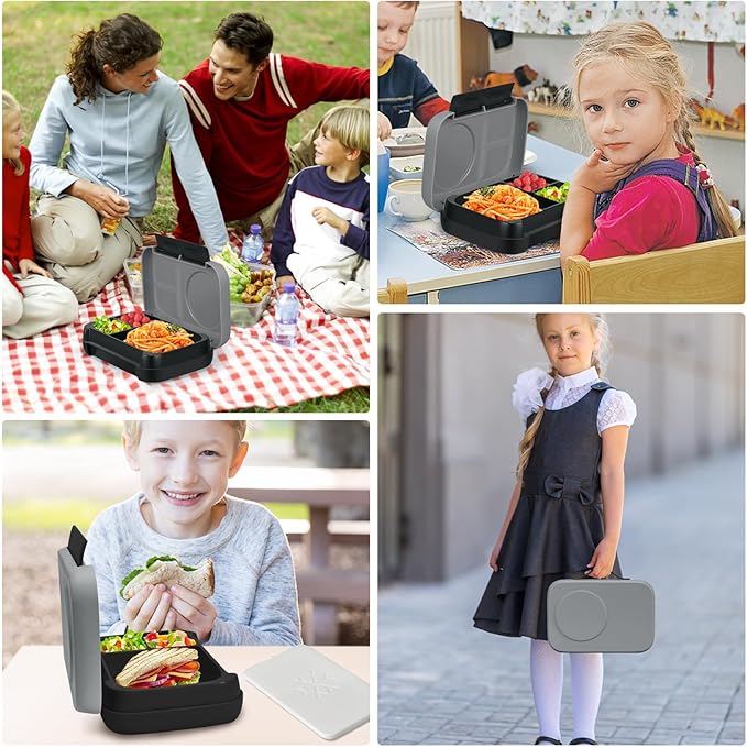 Bento Box for Kids,Kids Bento Lunch Box with Built-in Ice Pack for School,3 Compartments Leak Proof Lunch Container with Utensils for Girl Boy;BPA Free,Microwave & Dishwasher Safe, 44oz(Black)