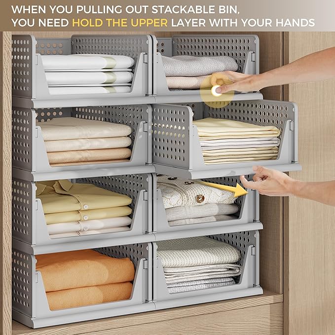Pinkpum 8 Pack Closet Organizers and Storage Plastic Stackable Storage Bins, Foldable Drawer Shelf Storage Container for Wardrobe Kitchen Bathroom Dorm Grey