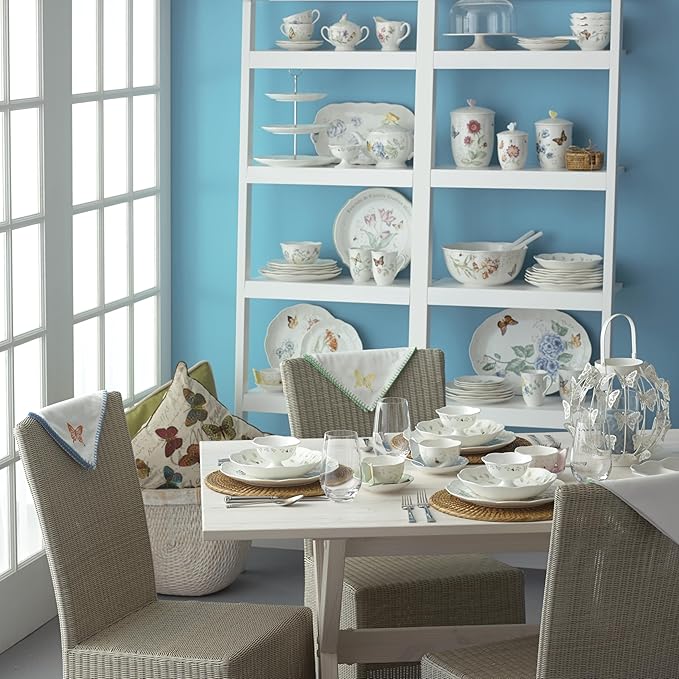 Lenox Pasta Bowls, 20oz Butterfly Meadow Pasta Bowl Set of 4, Service For 4, Porcelain, White Serving Bowls, Wide, Shallow, Lenox Butterfly Meadow Collection, Dishwasher/Microwave Safe (White 4-Piece)