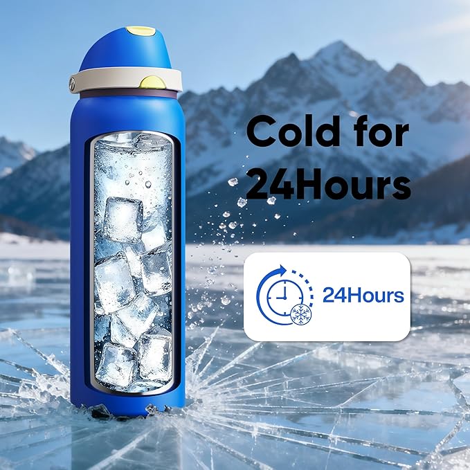 Insulated Water Bottle with Straw - Encool Stainless Steel Water Bottle with Push Button Lid, Leak-Proof & BPA-Free, Keeps Cold for 24 Hours for Sports, Travel, Gym (40 oz, Sapphire)