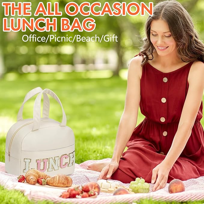 Lunch Bag for Women Insulated For Men PU leather Small Office Work lunch with Chenille Letters Leakproof Freezable Cooler Reusable Portable Box (White)