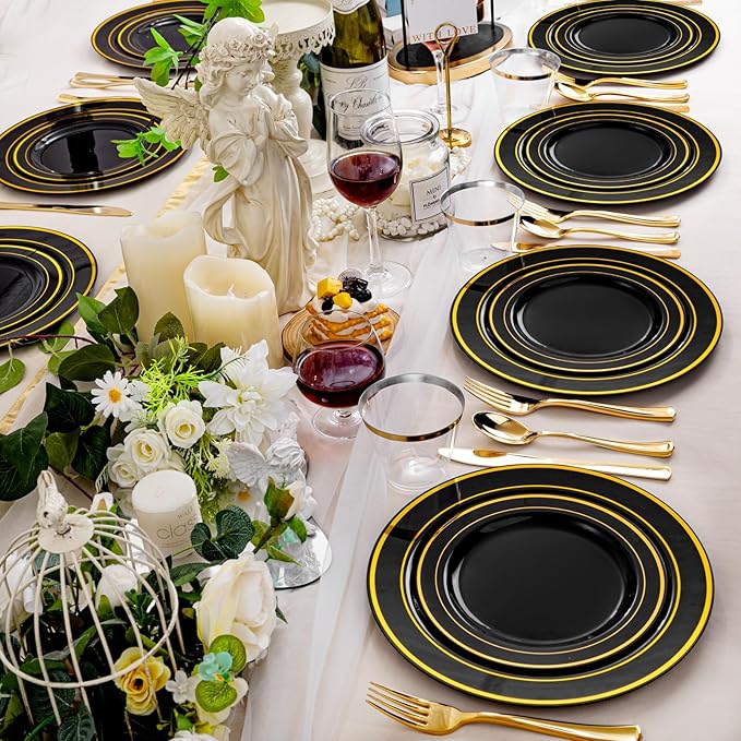bUCLA 600PCS Black and Gold Disposable Dinnerware Set - Black Plastic Plates Disposable for Party Include 100 Dinner&100 Dessert Plates,100 Knives,100 Forks,100 Spoons,100 Cups for Party & New Year