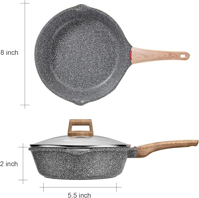 Induction Nonstick Skillet Frying Pan With Lid,Swiss Granite Omelette Pan, Scratch-Resistant Safe Cookware Set，PFOA Free(8 inch)