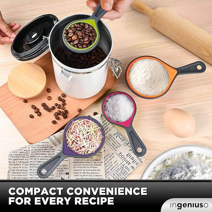 Collapsible Measuring Cups and Nesting Spoons - Adjustable Silicone for Cooking, used for Liquid and Dry Kitchen Items - Portable Portion Control, Dog Food, Kids, Travel, Camper, Space-Saving - 1 Set
