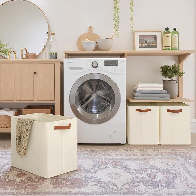 GRANNY SAYS Large Storage Baskets, Closet Storage Bins, Linen Closet organizers and storage, Fabric Storage Bins with Metal Frame, Clothes Baskets for Shelves, Towels, Beige, 3-Pack