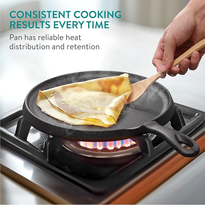 Navaris Cast Iron Griddle Pan - Durable Pancake Pan Also for Pizza, Tortilla, Dosa, Tawa, Roti, etc - Bakestone for Bread & Welsh Cakes - Suitable for Induction Hob, 10" (25.4 cm)