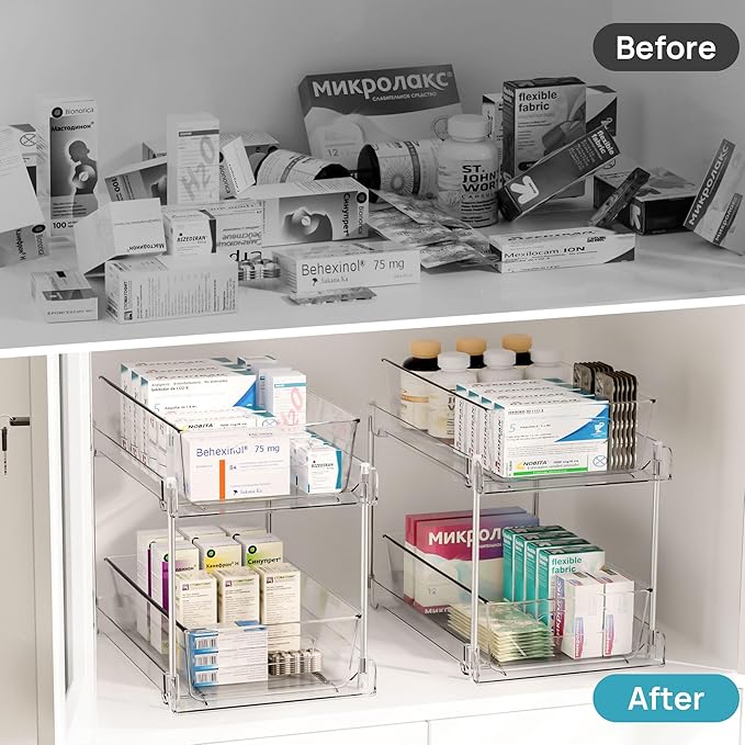Vtopmart 4 Pack Bathroom Organizer, 2 Tier Clear Under Sink Organizers Vanity Countertop Storage Container,Cabinet Drawers Bins, Pull-Out Organization with Track for Pantry, Kitchen