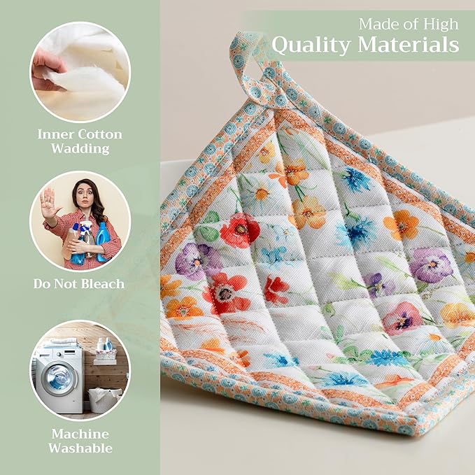 Maison d' Hermine Pot Holders 100% Cotton Heat Resistant Potholders 8" x 8" Hot Pads with Loop BBQ, Cooking, Baking, Grilling, Kitchen, Handling Hot Pans Spring/Summer (Pack of 1, Summer Whisper)