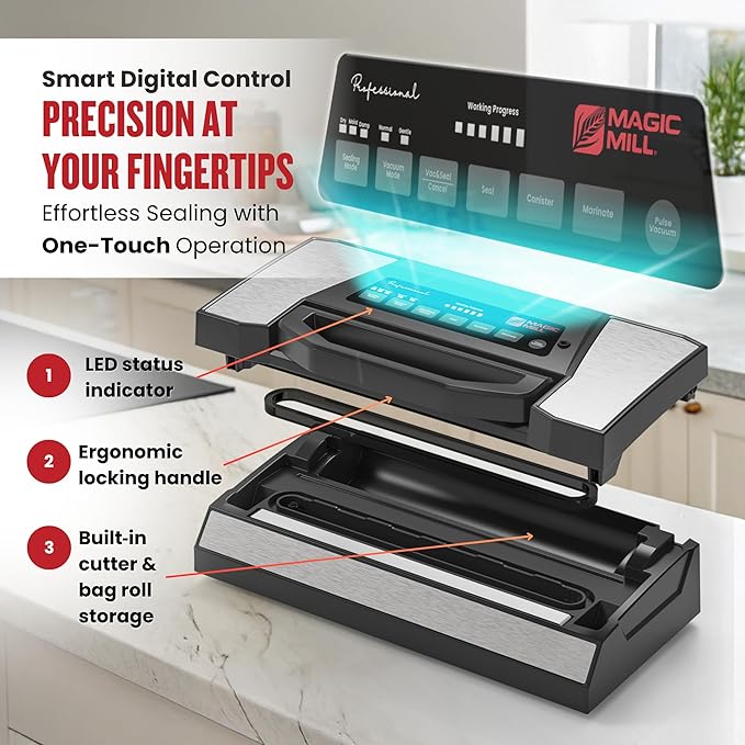 Magic Mill Professional Vacuum Sealer Machine Pro with New Patent Handle MVS-5181 for Food Bags, Marinate Bowls, and Meal Packing Cannister | Vacuum Sealer with Cutter and Jar Attachment