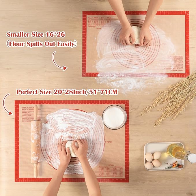 Non-slip Silicone Pastry Mat Extra Large with Measurements 28''By 20'' for Silicone Baking Mat, Counter, Dough Rolling, Oven Liner,Fondant/Pie Crust By Folksy Super Kitchen Red