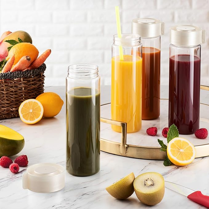 Komax Reusable Juice Bottles, Set of 4 Leak-Proof Juice Containers with Lids for Fridge, BPA-Free Plastic Smoothie Bottle Set, Dishwasher-Safe Wide Mouth Juicing Bottles (18.5 oz)