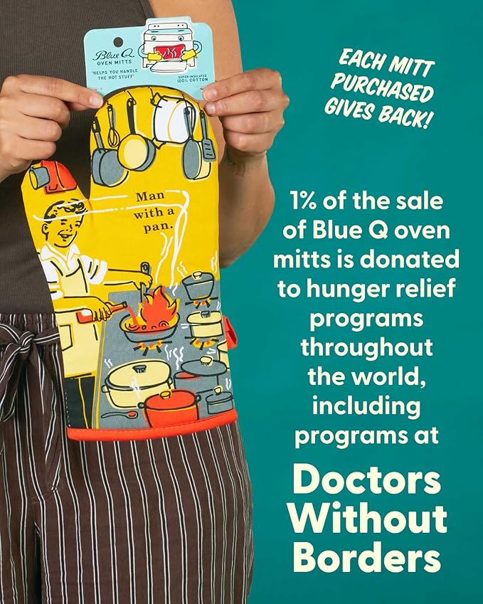 Blue Q Man With a Pan Funny Oven Mitts - Cute Oven Mitts, Home Kitchen Gifts, Cooking Accessories, Super-Insulated Quilting, Comfy Natural-Fitting Shape, 100% Cotton, Machine Wash, Size 12.5"L x 7.5"W