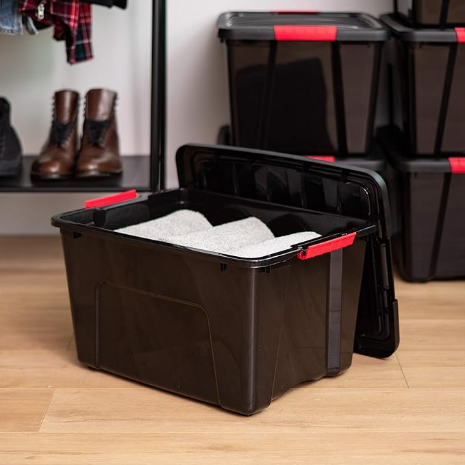 IRIS USA 40 Qt Stackable Plastic Storage Bins with Lids, 6 Pack - BPA-Free, Made in USA - Garage Organizing Solution, Latches, Durable Nestable Containers, Secure Pull Handle - Black