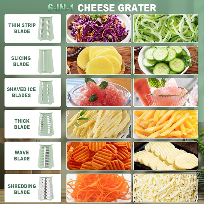 2025 Upgrade 6-In-1 Cheese Grater【 Military-Grade SUS304 Blade - 3S Fast Cut】【SGS Certification - German Nano Strong Suction Base】Cheese Grater Hand Crank Suitable for Home Use (Green)