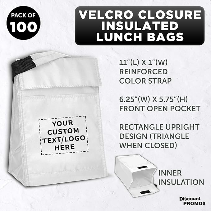 DISCOUNT PROMOS 100 Hook and Loop Insulated Lunch Bags Set - Customizable Text, Logo - Polyester, Durable, Vibrant, Reusable - White