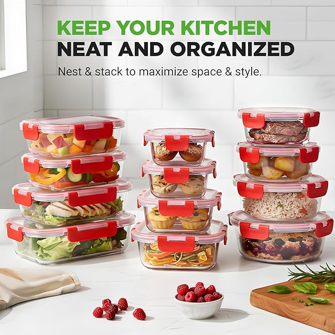 NutriChef 24 Piece Glass Food Storage Containers with Lids - Airtight Glass Meal Prep Containers, Bento Lunch Boxes, Hinged Lock Lid, For Meal Prep, Kitchen Storage, Freezer (12 Containers & 12 lids)