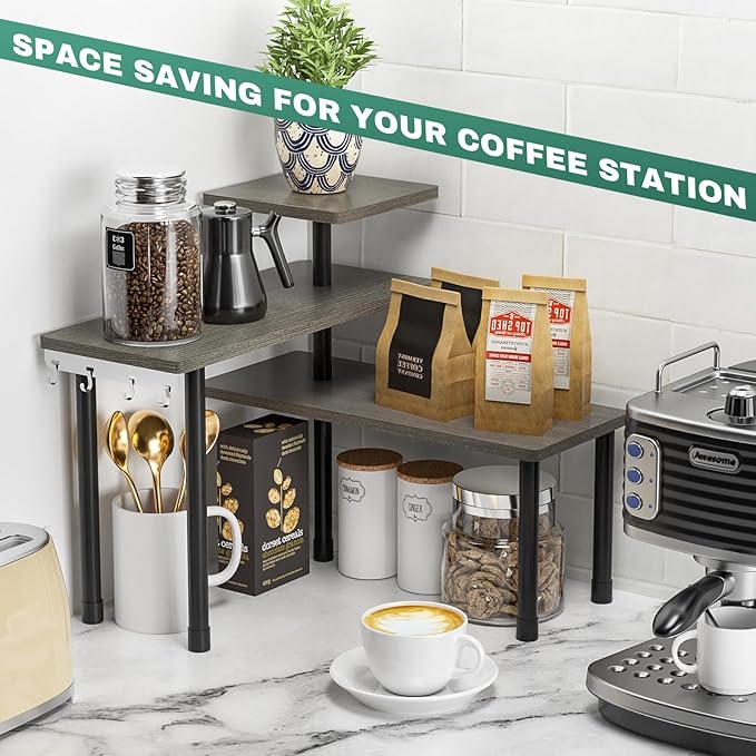ZHWS Kitchen Countertop Organizer, Bathroom Counter Organizer, Adjustable 3 Tier Corner Shelf with 4 Metal Hooks for Counter Organize, Spice Rack, Makeups, Coffee Station Bookshelf (Rustic Grey)