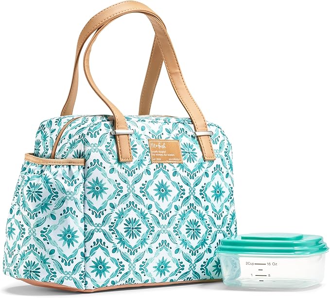 Fit & Fresh Insulated Leakproof & Stain-Resistant Large Lunch Box For Women With Expandable Bottle Pocket, Zipper Closure Laketown Lunch Bag Aqua