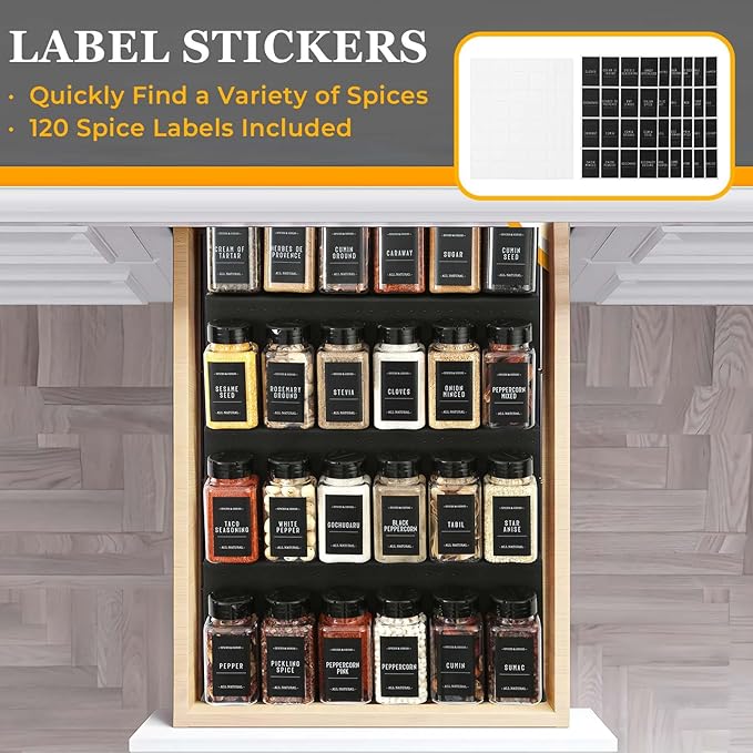 Famhap 6 Pack Spice Drawer Organizer with Labels and 36 Plastic Jars, Expandable from 11.7" to 23.2" Seasoning Rack Tray Insert for Kitchen Drawers, Spice Rack Drawer for Spice Jars