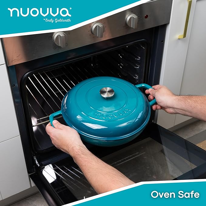 Cast Iron Dutch Oven with Lid – Non Stick Shallow Dutch Oven Pot, Oven Safe up to 500° F – Sturdy Cooking Pot – Enamelled Stockpot Cookware – Teal, 3.7-Quart, 30cm – by Nuovva