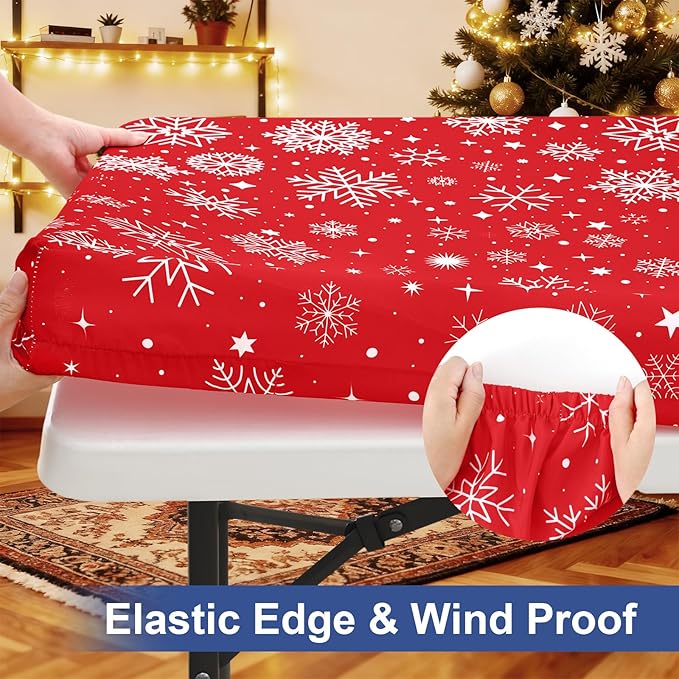 homing Rectangle Table Cloth Cover, Waterproof Polyester Elastic Fitted Tablecloth, Fits for 8 Foot Folding Tables, Washable Table Protector for Christmas, Holiday, Party (Snowflakes, 30" x 96")