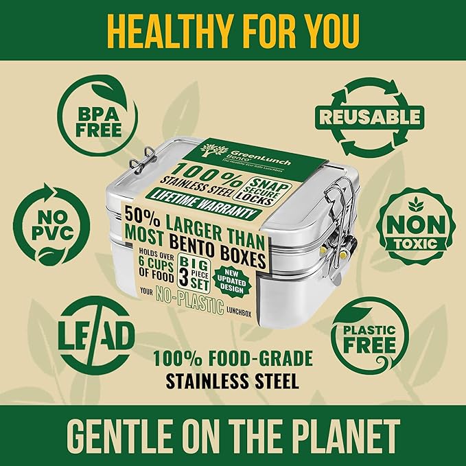 Stackable Stainless Steel Bento Box for Adults with Snack Pod - 6 Cup Capacity, Crack-Resistant, Secure Locks, Secure Locks, Eco-Friendly Lunch Box Container for for Work, Office & Travel