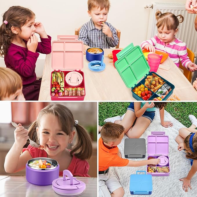 Bento Lunch Box for Kids with 8oz Soup Thermo,Kids Leakproof Lunch Food Containers with 4 Compartment,Kid Insulated Thermo Hot Food Jar for School,Trvael-Purple
