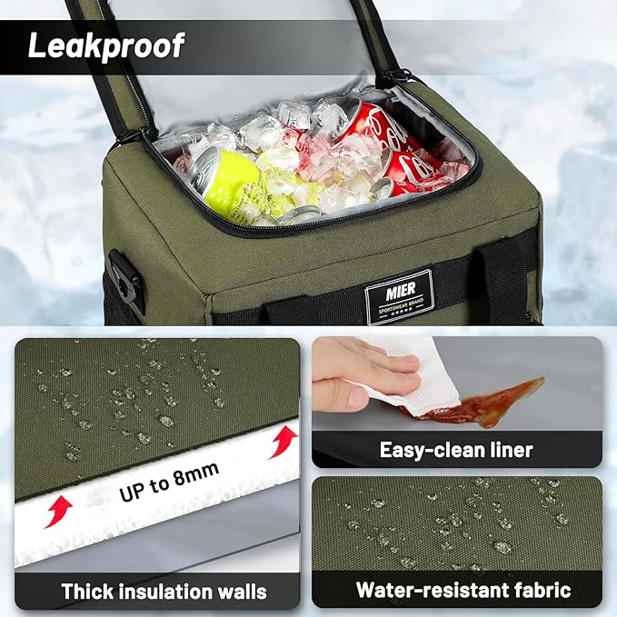 MIER Large Lunch Box for Men Women Adult Insulated Soft Sided Cooler 24 Can Leakproof Lunch Bag Collapsible for Work Travel Camping Beach, 15L (Army Green-No Luggage Strap)