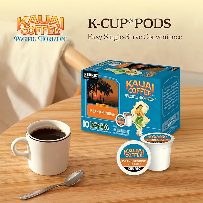 Kauai Coffee K-Cup Pods for Keurig Brewers – Arabica Coffee, 10% Hawaiian – Mild Roast, Light with Bright Aroma – Island Sunrise, 2 Pack of 10 Single Serve K-Cups