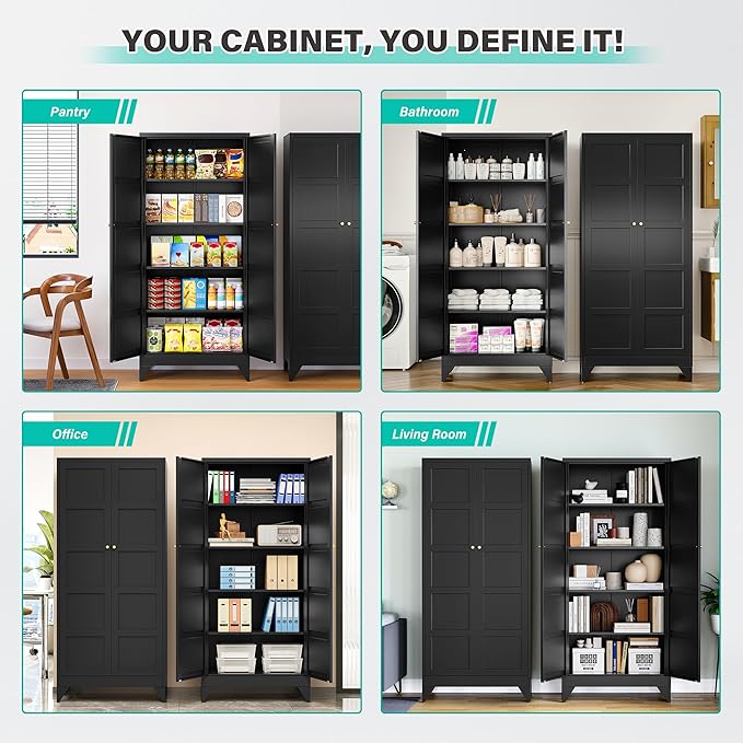 SISESOL Wide & Deep Metal Storage Cabinets with 2 Doors and 5 Shelves,Tall Storage Cabinet,Large Cupboard Closet,Pantry Storage Cabinet for Home,Kitchen,Dining/Living Room (Black, 72" H)