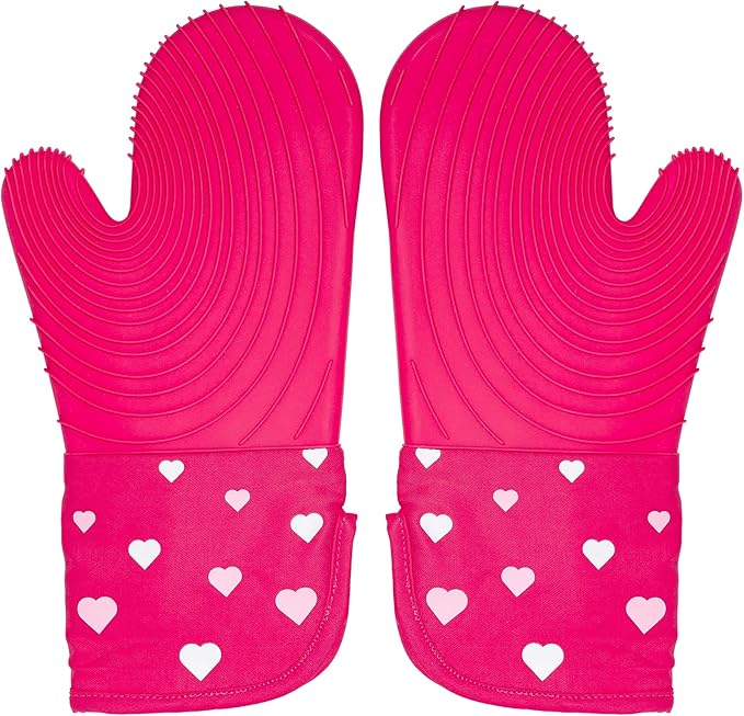 Paris Hilton Oven Mitt Set with Heart Design, Heat Resistant Pot Holders Featuring Non-Slip Textured Silicone Grips, 2-Piece Set, Pink
