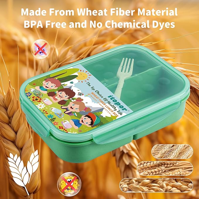 Wheat Straw Adult Lunch Box, Leakproof Bento Box for Kids, BPA-Free Microwave Safe Lunch Containers with 3 Compartments (Green, 5.5 cup)