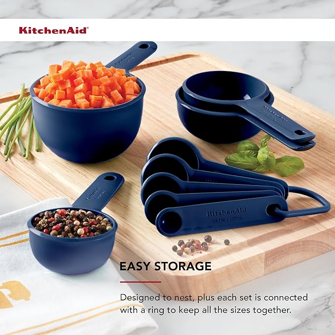 KitchenAid Universal Easy To Read Measuring Cup and Spoon Set with Soft Grip Handle for Maximum Control, Hang Hole and Nesting For Easy Storage, Dishwasher Safe, 9 Piece, Ink Blue