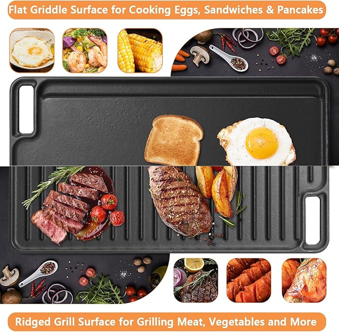 Large Cast Iron Griddle Insert, Universal Skillet, Oblong Grilling Pan for Stovetop,Pre-Seasoned Griddle Gas Stove Grill Plate Oven, 16.75" x 9.5" Reversible Pancake Pan for Weber,Charbroil etc.,1PC